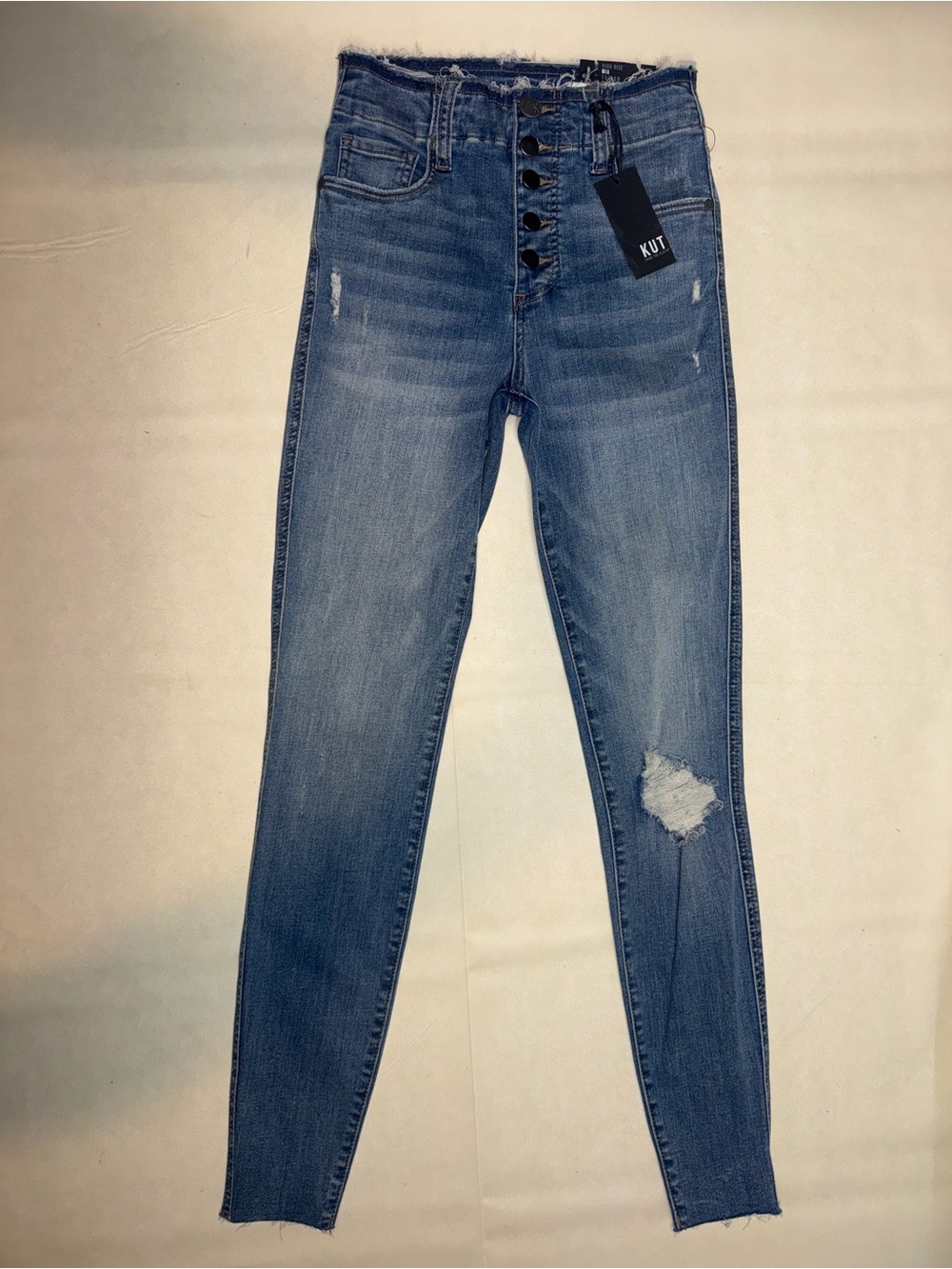 Kut from the Kloth Distressed High-Rise Button-Fly Skinny Jeans - Light Blue